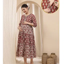Zelena Cotton Silk Woven Three Fourth Sleeves Floral Printed Maternity Dress With Front Open Nursing Access - Rust-picture-34
