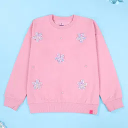 Kiddopanti Fleece Knit Pack Of 2 Full Sleeves Sequins Flower Applique Detailed Light Winter Sweatshirts - Pop Yellow & Coral Pink image 3