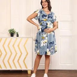 MomToBe Frill Sleeves Sleeves Floral Printed Maternity Dress With Concealed Zipper Nursing Access - Grey image 4