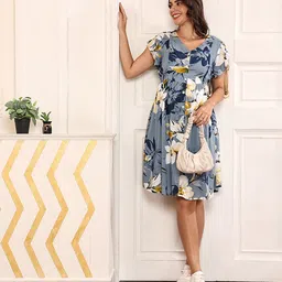 MomToBe Frill Sleeves Sleeves Floral Printed Maternity Dress With Concealed Zipper Nursing Access - Grey image 5