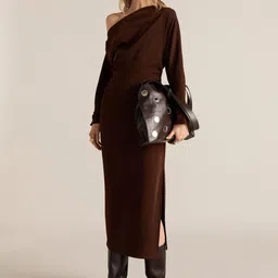 MANGO Asymmetric Neck Gathered Sheath Midi Dress-image-3