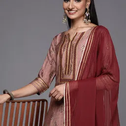 Libas Women Maroon Floral Yoke Design Gotta Patti Kurta with Trousers & Dupatta-image-34