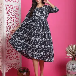 KALINI Floral Printed Tie Up Neck Fit And Flare Cotton Ethnic Dress-image-14