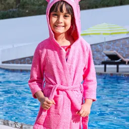 Babyhug Three Fourth Sleeves Hooded Bath Robe Bunny Design - Pink-picture-27
