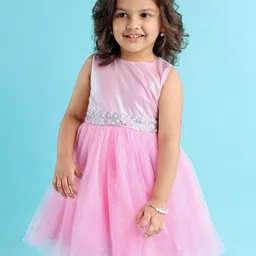 Babyhug Sleeveless Party Wear Frock Sequinned & Foil Print - Pink-picture-15