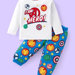 Babyhug Marvel Single Jersey Knit Full Sleeves Night Suit With Avengers Graphics - White & Blue-image-42