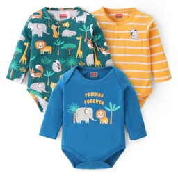Babyhug 100% Cotton Full Sleeves Onesies Animal Print Pack of 3 -Blue & Yellow-picture-22