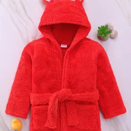 Babyhug Velour Cotton Knit Full Sleeves Hooded Bath Robe With Ear Flaps - Red-picture-26