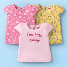 Babyhug Cotton Knit Cap Sleeves T-Shirts with Floral Bunny & Text Print Pack of 3 - Yellow & Pink-picture-14
