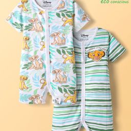 Babyoye Disney Interlock Knit Half Sleeves Rompers With Lion King Graphics Pack Of 2 - White & Light Green-picture-23