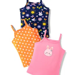 Babyhug 100% Cotton Singlet Sleeves Slips With Polka Dots & Bunny Print Pack of 3 - Pink Navy Blue & Orange-picture-11
