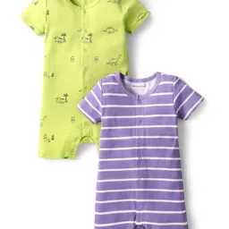 kookie kids india Kookie Kids Interlock Knit Half Sleeves Striped & Dino Printed Rompers Pack of 2 - Purple & Light Green-picture-21