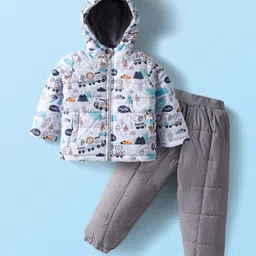 Babyhug Woven Full Sleeves Quilted Polyfill Hooded Heavy Winter Wear Suit Set With Polyfill Quilted Pant with Animal & Vehicle Print - Grey & White-picture-19