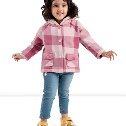 Babyhug Woven Full Raglan Sleeves Checkered Hooded Coat - Pink image 2