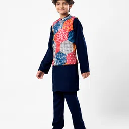 Pine Kids Woven Full Sleeves Kurta Pajama Set with Jacket & Ethnic Motif Print - Navy Blue image 2