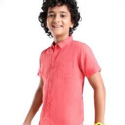 Pine Kids Cotton Linen Half Sleeves Solid Colour Shirt - Coral image 3