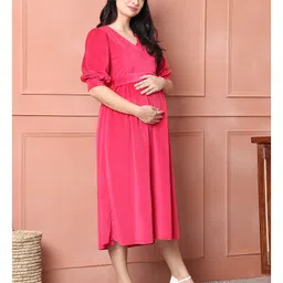 Secret Wish Velour Knit Three Fourth Sleeves Solid Side Zipper Access Maternity Dress - Pink image 4