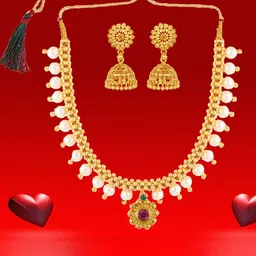 Heer Collection Gold-Plated Pink & Gold-Toned Necklace With Earrings-picture-18