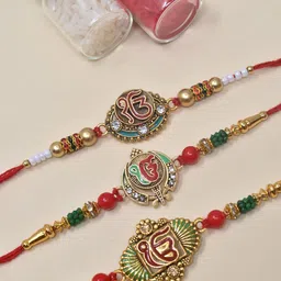 MEIRA JEWELLERY Set Of 3 Ik Onkar American Diamond Studded Rakhi Gift Set-picture-33