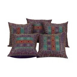 DECOWAT Purple & Green Printed Silk 5 Pieces Square Shape Cushion Covers - 16 x 16 In-picture-35