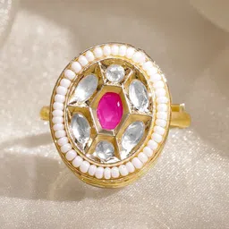 Rubans 18K Gold-Plated Kundan & Pearls Studded & Beaded Adjustable Finger Ring-picture-25