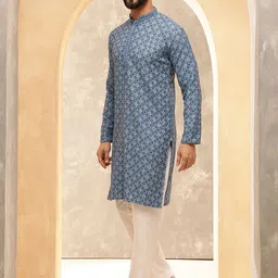 Anouk Blue Geometric Embroidered Mandarin Collar Pure Cotton Kurta With Pyjama image 4