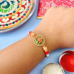 sangria Ganeshji Rakhi Orange Yellow Kundan Meenakari Rakhi Traditional Handmade Rakhi for Brother-picture-13