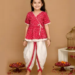 Saka Designs By Sapna Half Sleeves Bandhani Printed & Lace Embellished Angrakha Style Kurta With Dhoti - Magenta Pink & White-picture-35