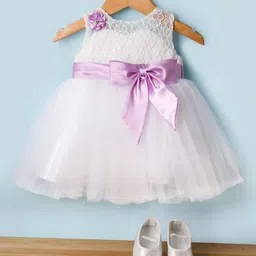 Bluebell Net Woven Sleeveless Frock & Bootie With Bow & Floral Detailing - White-picture-18