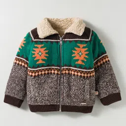 Yellow Apple Knit Full Sleeves Front Open Sweater with Aztec Design - Green-image-93