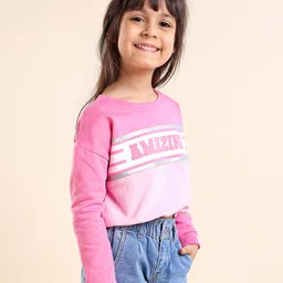 Babyhug Full Sleeves Looper Winter Wear Crop Tee with HD Print Graphics & Glitter Detailing - Pink image 2