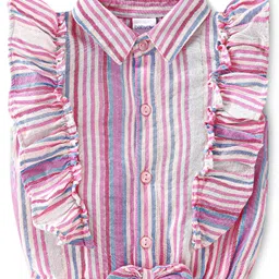 Babyoye 100% Cotton Knit  Sleeveless Striped  Top & Shorts Set with Frill  &  Bow Detailing - Pink & Blue image 2