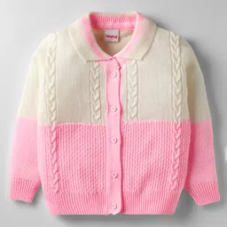 Babyhug Knit Full Sleeves Front Open Sweater Set With Cable Knit Design - Pink & White image 2