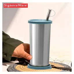 Signoraware Sip Fast Stainless Steel Tumbler with 1 Straw and Two Lid | Leak-Proof | Reusable Straw | Lightweight and Portable | Non Toxic | Outdoor Activities | Smoothies & Shakes (420 ml | E Blue) image 2