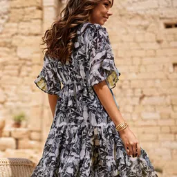 CORSICA Floral Print Flared Sleeve Georgette Fit & Flare Mini Dress image 4