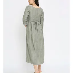 Dummy Shape Three Fourth Sleeves Striped Maternity Flared Kurta With Nursing Access & Abstract Embroidered Attached Belt - Green image 5