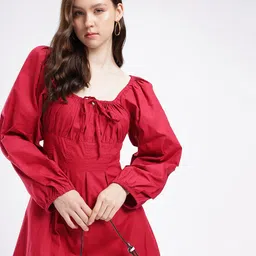 glitchez Stylishly Cute Puff Sleeves Fit & Flare Pleated Mini Dress-image-83