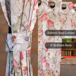 URBAN SPACE Grey & Pink Set of 2 Floral Sheer Long Door Curtain image 2