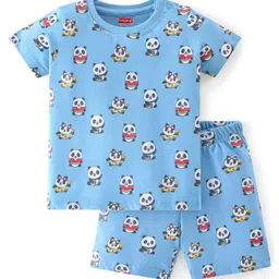 Babyhug Cotton Knit Half Sleeves Night Suit Panda Print - Blue-picture-25