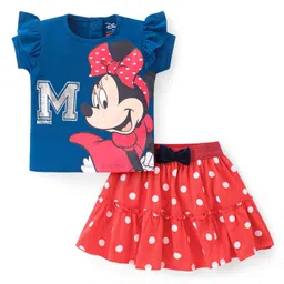 Babyhug Disney Cotton Knit Half Sleeves Top & Mid Length Skirt Set With Frill Detail & Minnie Mouse Graphics - Navy & Red-image-22