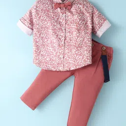 ToffyHouse 100% Cotton Knit Full Sleeves Floral Printed Shirt Trouser with Bow & Suspender - Rose Gold-picture-12
