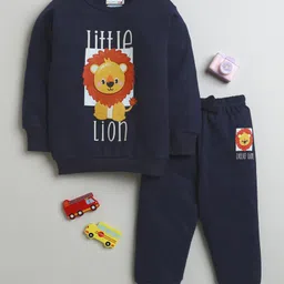 BUMZEE Cotton Full Sleeves Lion Printed Coordinating Sweatshirt & Joggers Set - Navy Blue-image-73