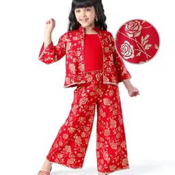 EARTHY TOUCH Single Jersey KnitTop and Palazzo with Full Flutter Sleeves Shrug with Foil Print - Red-picture-15