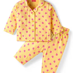 Babyhug Cotton Knit Full Sleeves Night Suit With Heart Print- Yellow-picture-16