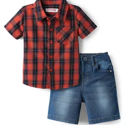 Babyhug Cotton Woven Half Sleeves Shirt & Short Set With Checks Print - Red & Blue-picture-35