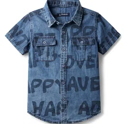 Pine Kids Woven Half Sleeves Washed Denim Shirt With Text Print - Blue-picture-13