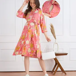 Bella Mama Woven Three Forth Sleeves Maternity Shirt Dress With Floral Print - Pink-image-83