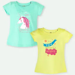 Ariel Cotton Knit Pack Of 2 Half Sleeves Unicorn & Typography Printed Tops - Green & Yellow-picture-20