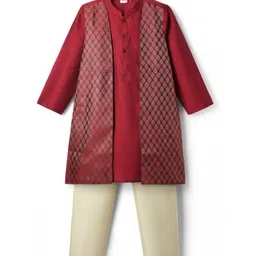Babyhug Woven Full Sleeves Kurta Pyjama Set with Brocade Print Attached Jacket - Maroon & White-picture-10
