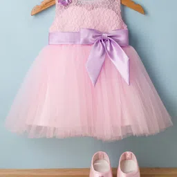 Bluebell Net Woven Sleeveless Frock & Bootie With Bow & Floral Detailing - Pink-picture-17